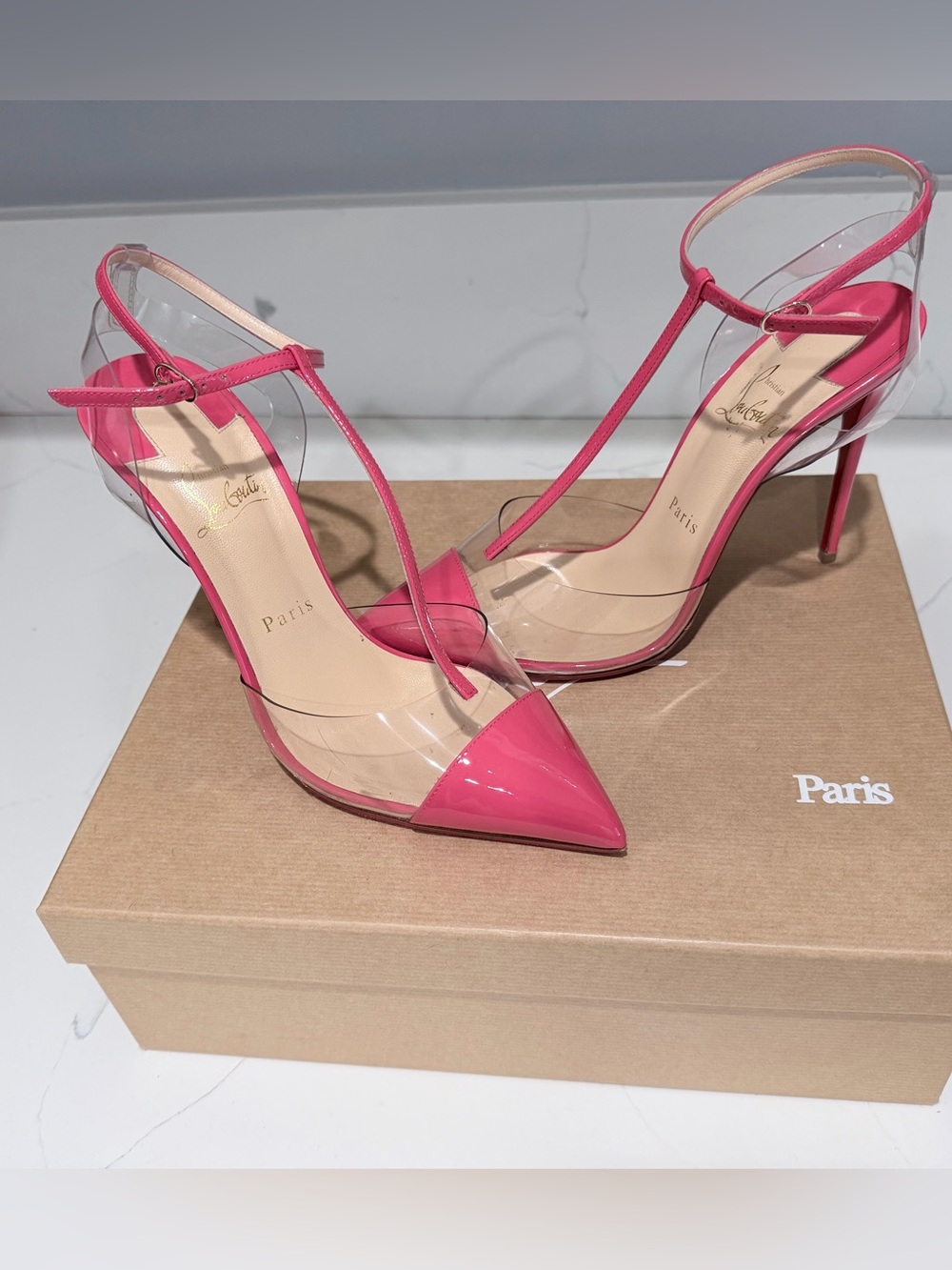 Christian Louboutin Pink PVC Pointed T-Strap Stiletto